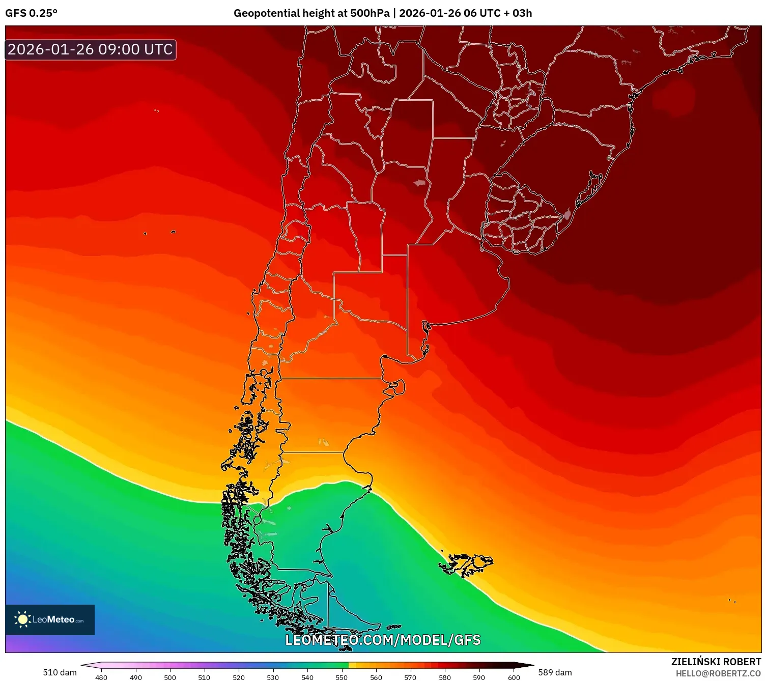 GFS model - Arjantin, 500 hPa’da jeopotansiyel yükseklik