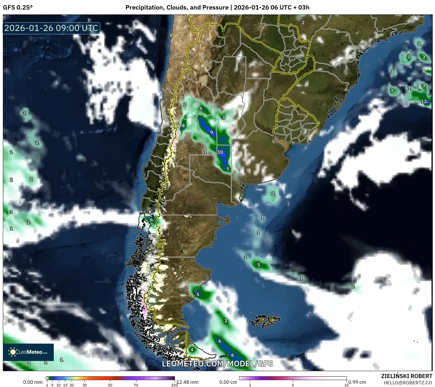GFS model - Arjantin, Yağış, Bulut ve Basınç