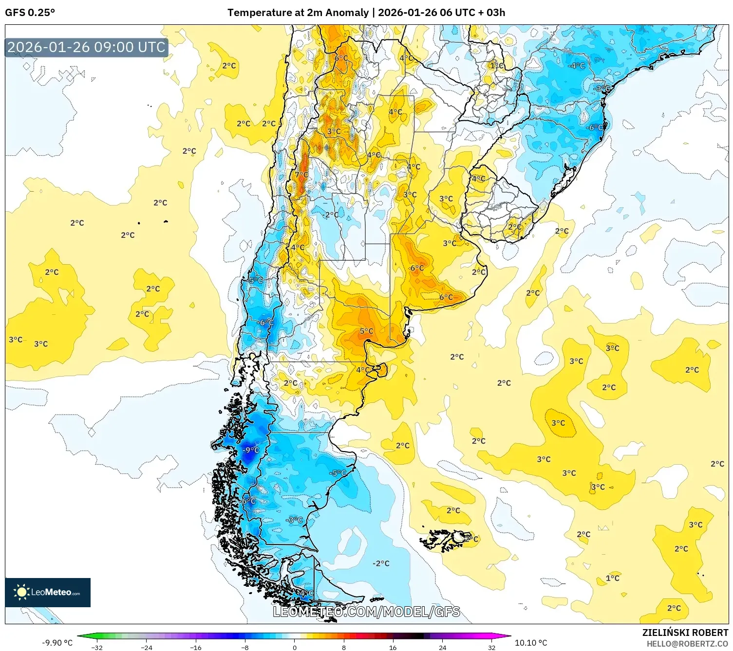 GFS model - Arjantin, 2 m Sıcaklık Anomalisi