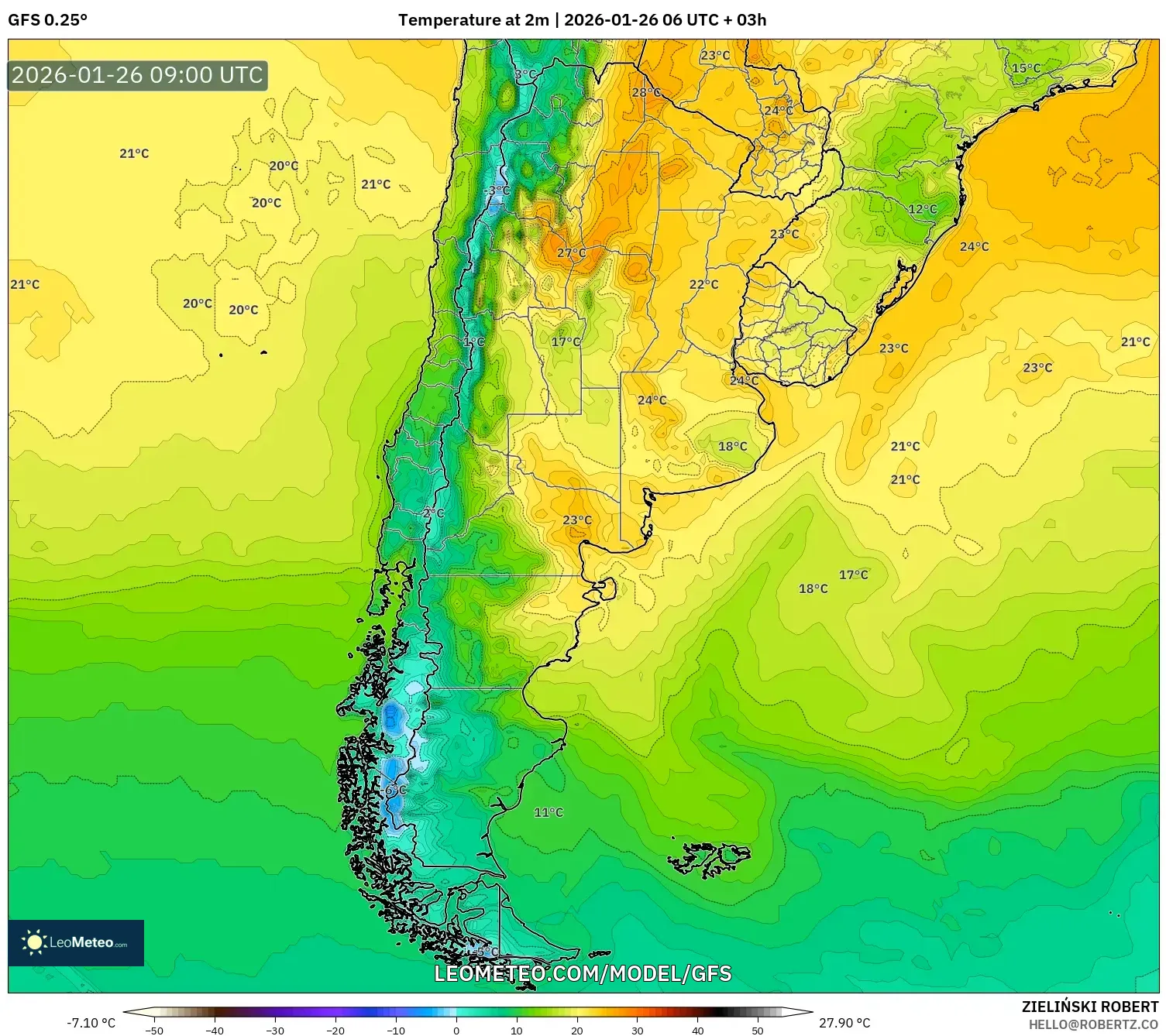 GFS model - Arjantin, 2 m Sıcaklık