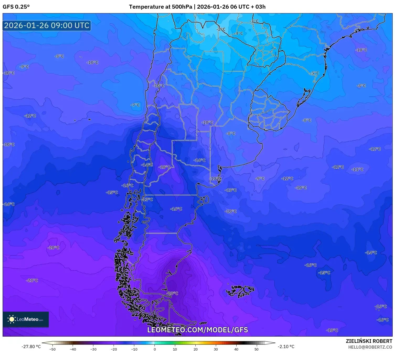 GFS model - Arjantin, 500 hPa Sıcaklık
