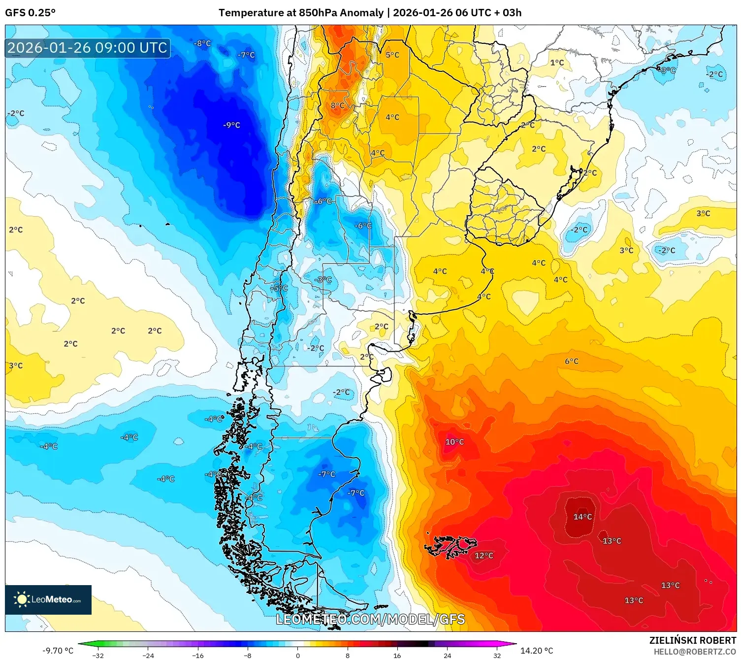 GFS model - Arjantin, 850 hPa Sıcaklık Anomalisi