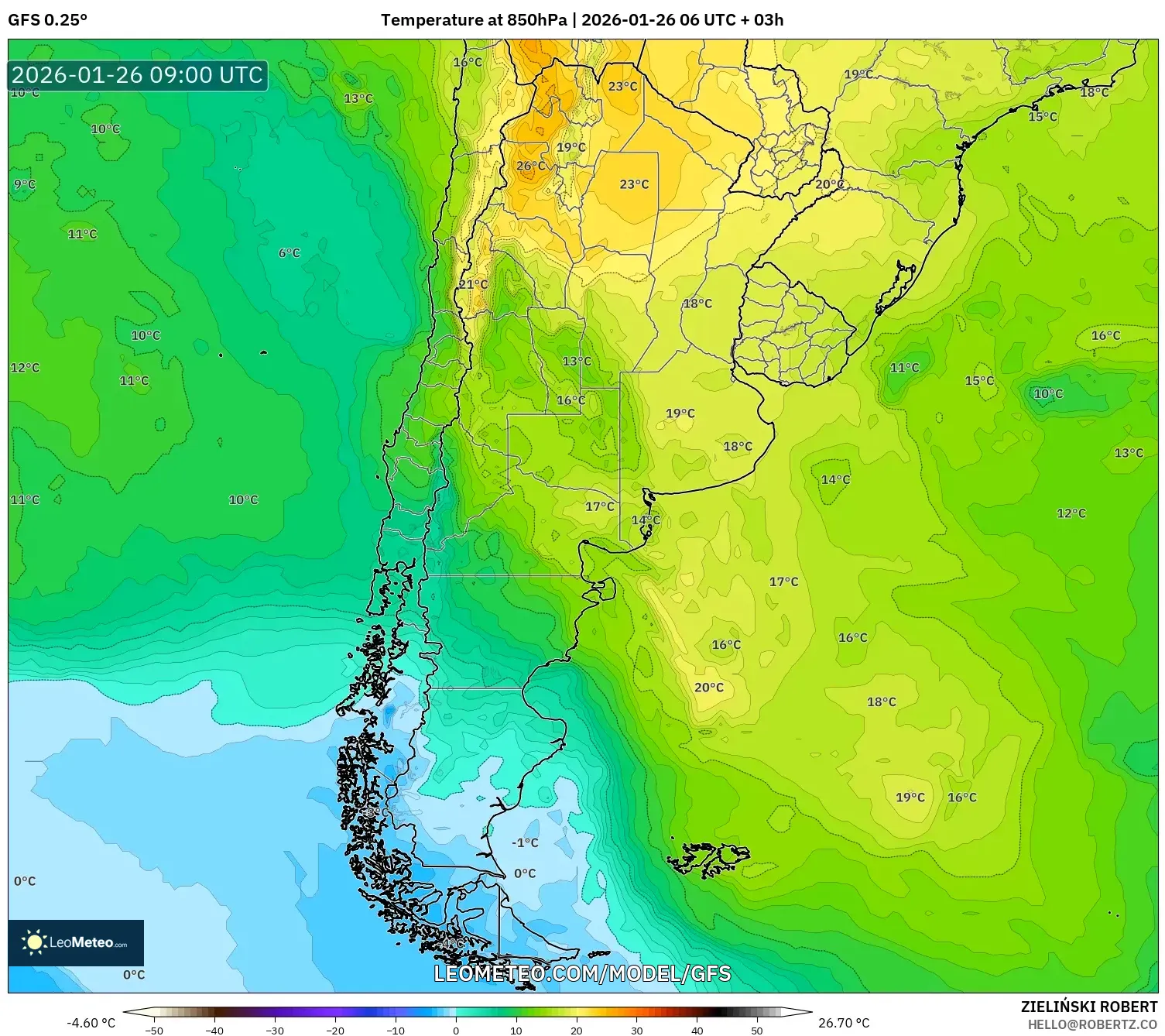 GFS model - Arjantin, 850 hPa Sıcaklık