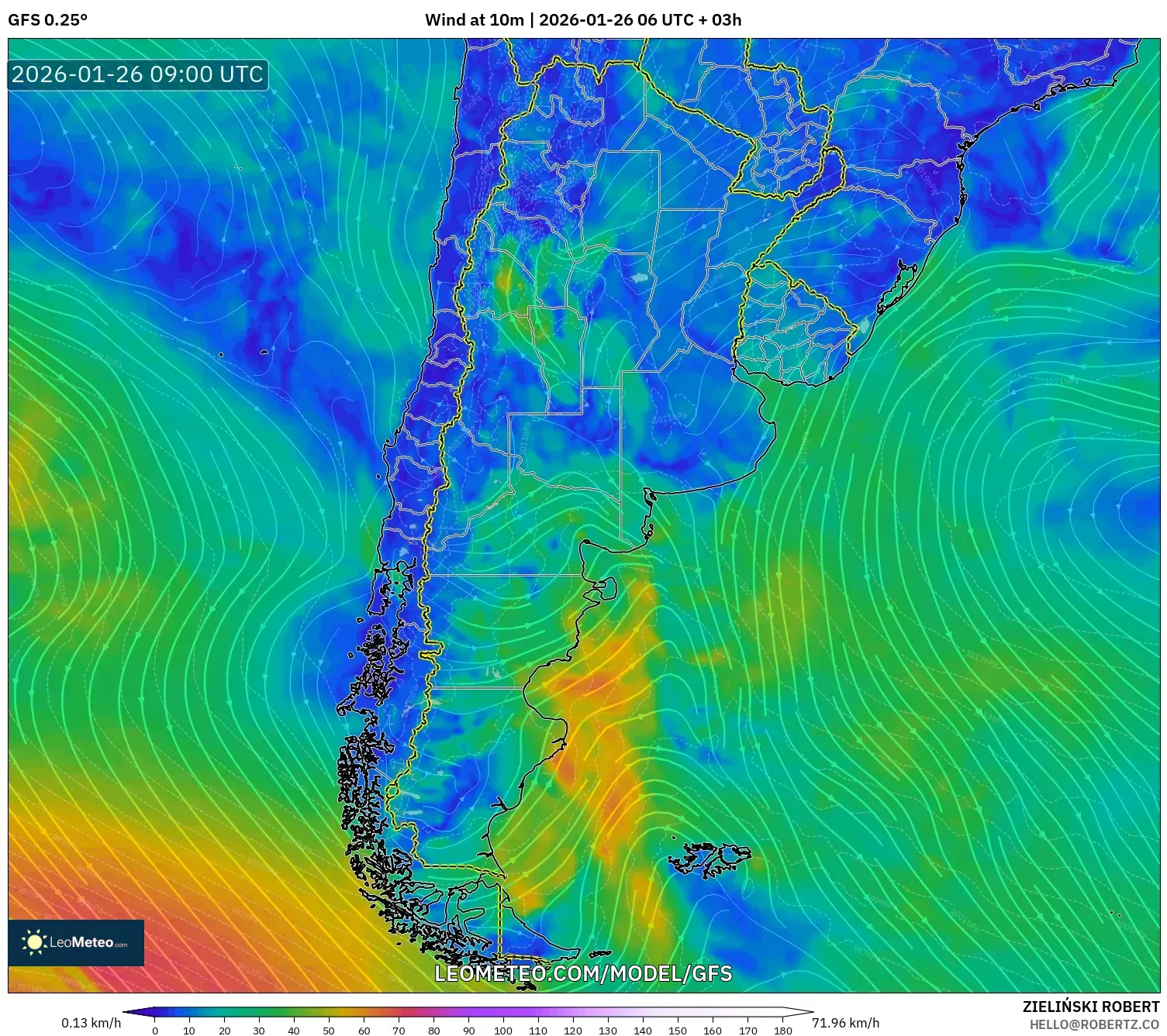 GFS model - Arjantin, 10 m Rüzgâr