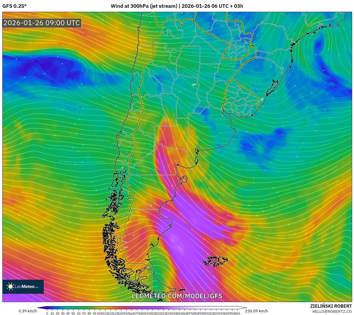 GFS model - Arjantin, 300 hPa Rüzgârı (jet)