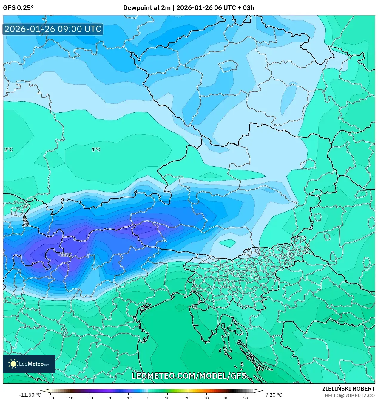 GFS model - Avusturya, 2 m Çiy Noktası