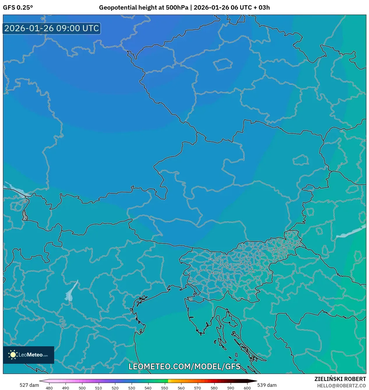 GFS model - Avusturya, 500 hPa’da jeopotansiyel yükseklik