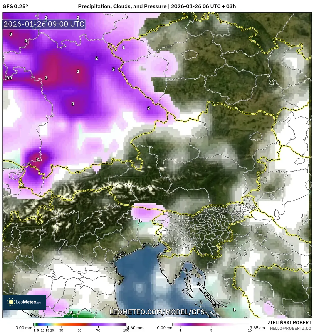GFS model - Avusturya, Yağış, Bulut ve Basınç