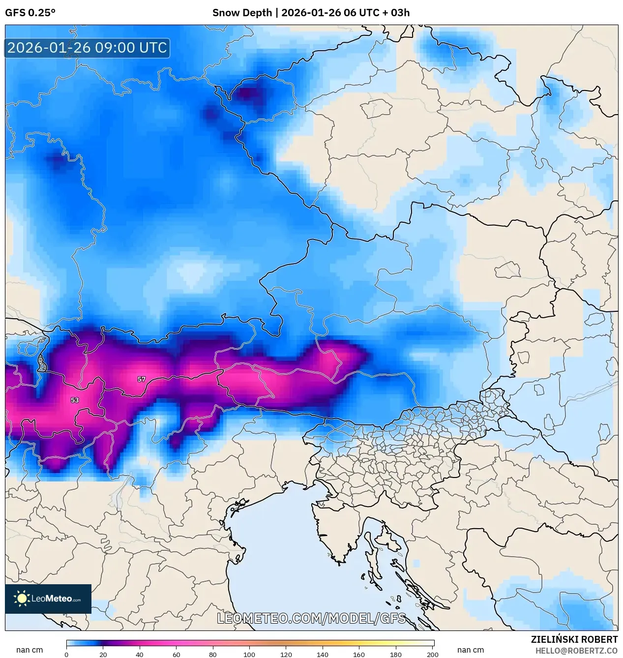 GFS model - Avusturya, Kar Kalınlığı