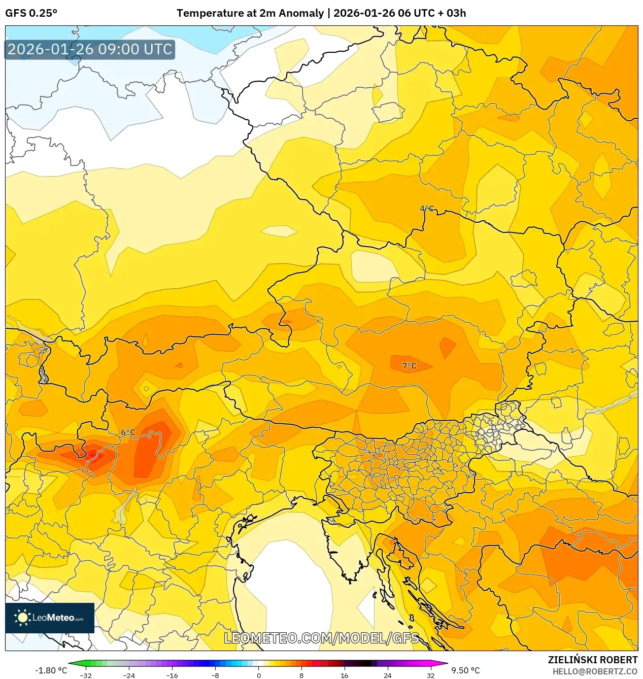 GFS model - Avusturya, 2 m Sıcaklık Anomalisi