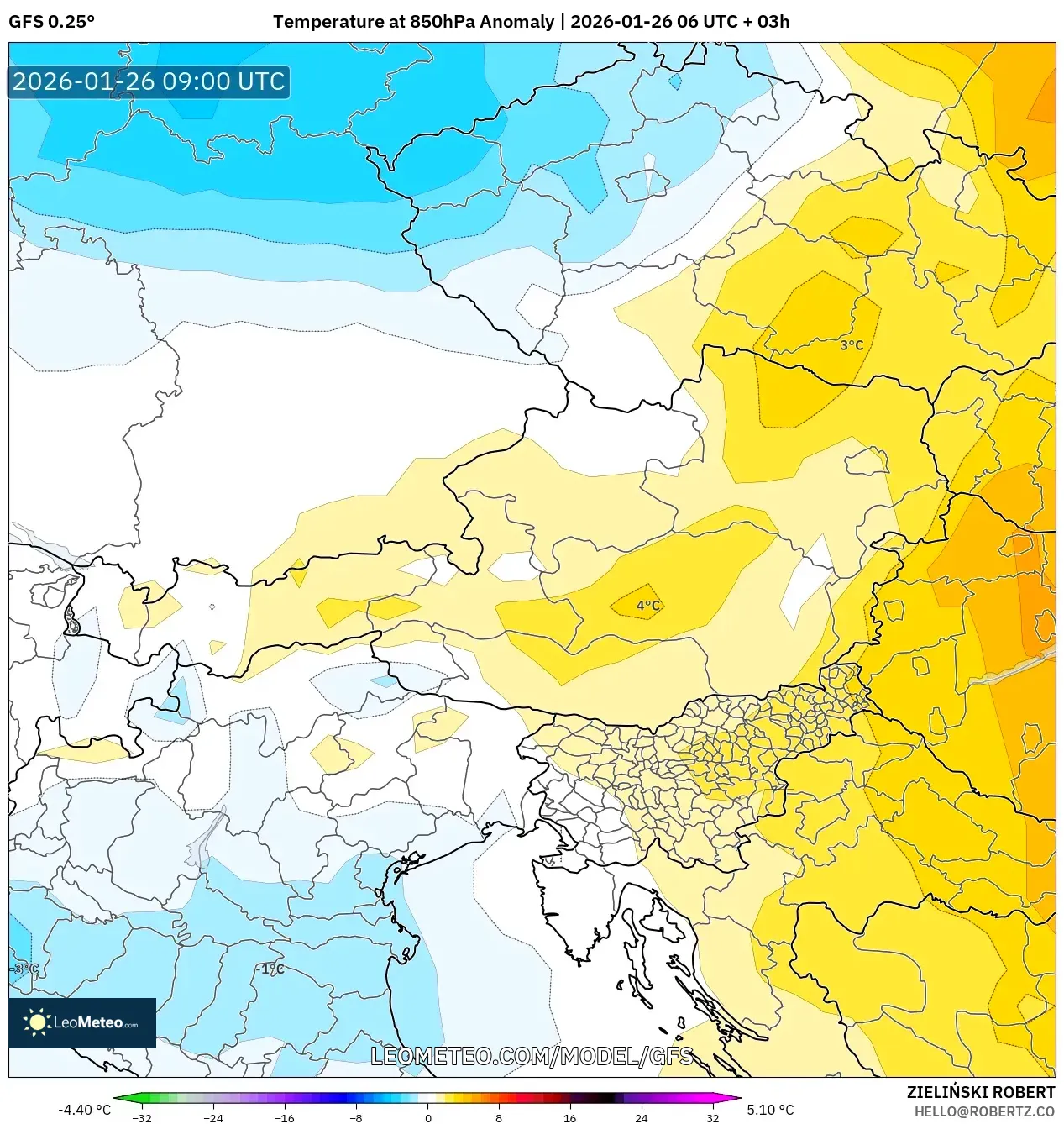 GFS model - Avusturya, 850 hPa Sıcaklık Anomalisi