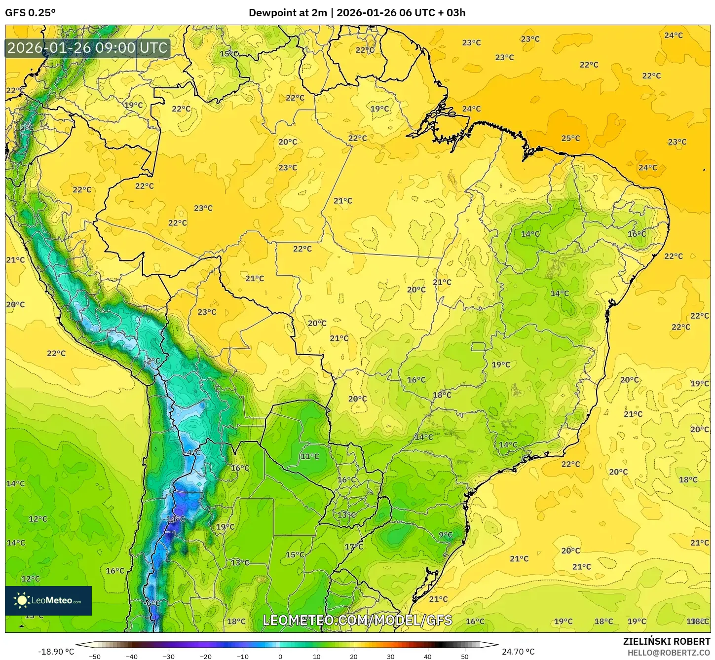 GFS model - Brezilya, 2 m Çiy Noktası