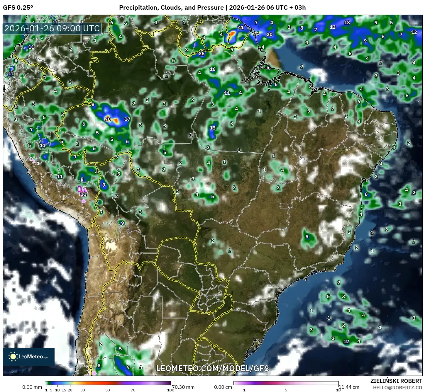 GFS model - Brezilya, Yağış, Bulut ve Basınç