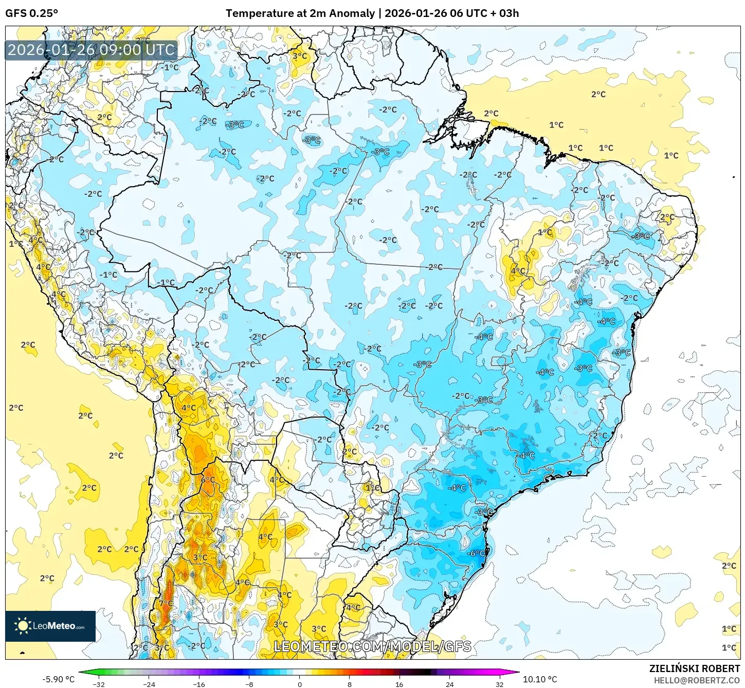 GFS model - Brezilya, 2 m Sıcaklık Anomalisi