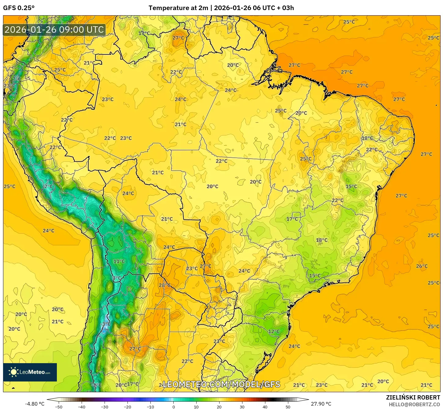 GFS model - Brezilya, 2 m Sıcaklık