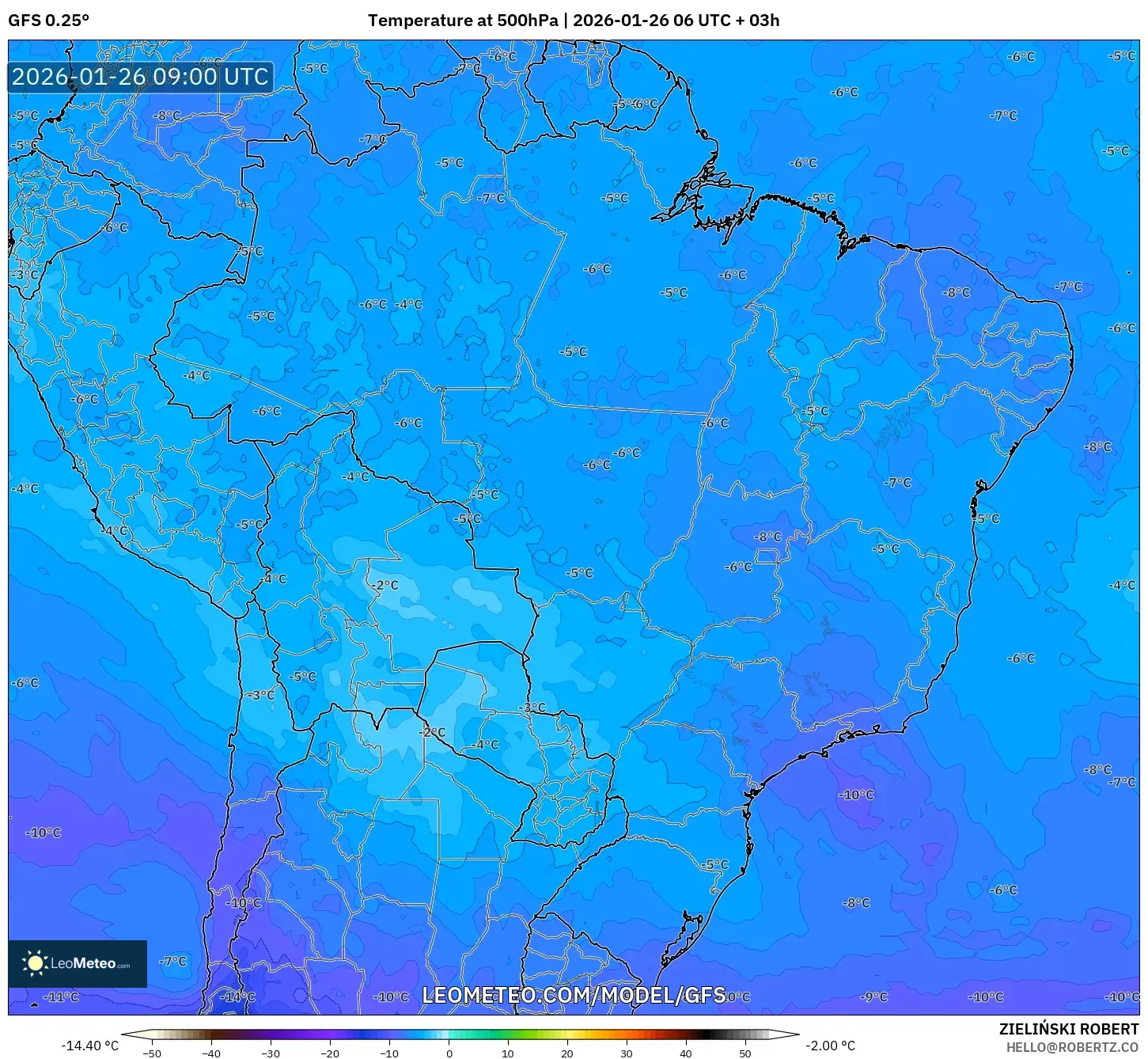 GFS model - Brezilya, 500 hPa Sıcaklık