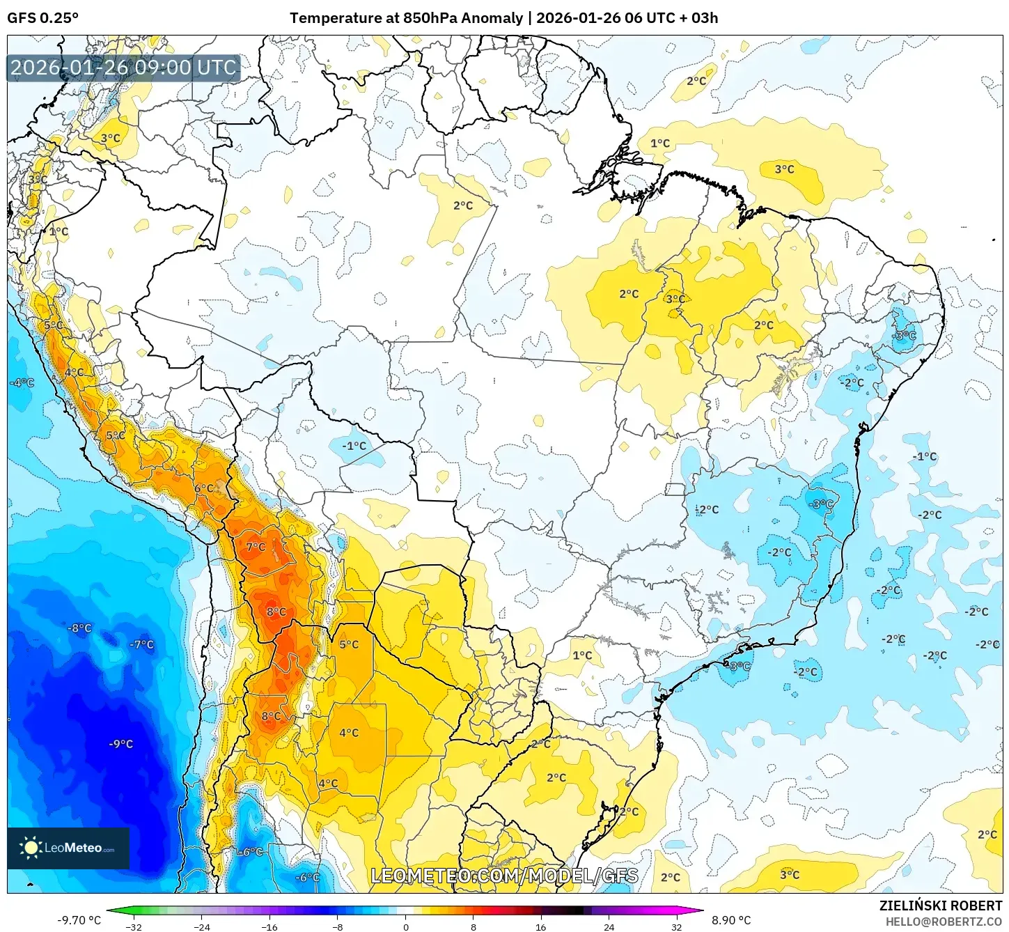 GFS model - Brezilya, 850 hPa Sıcaklık Anomalisi