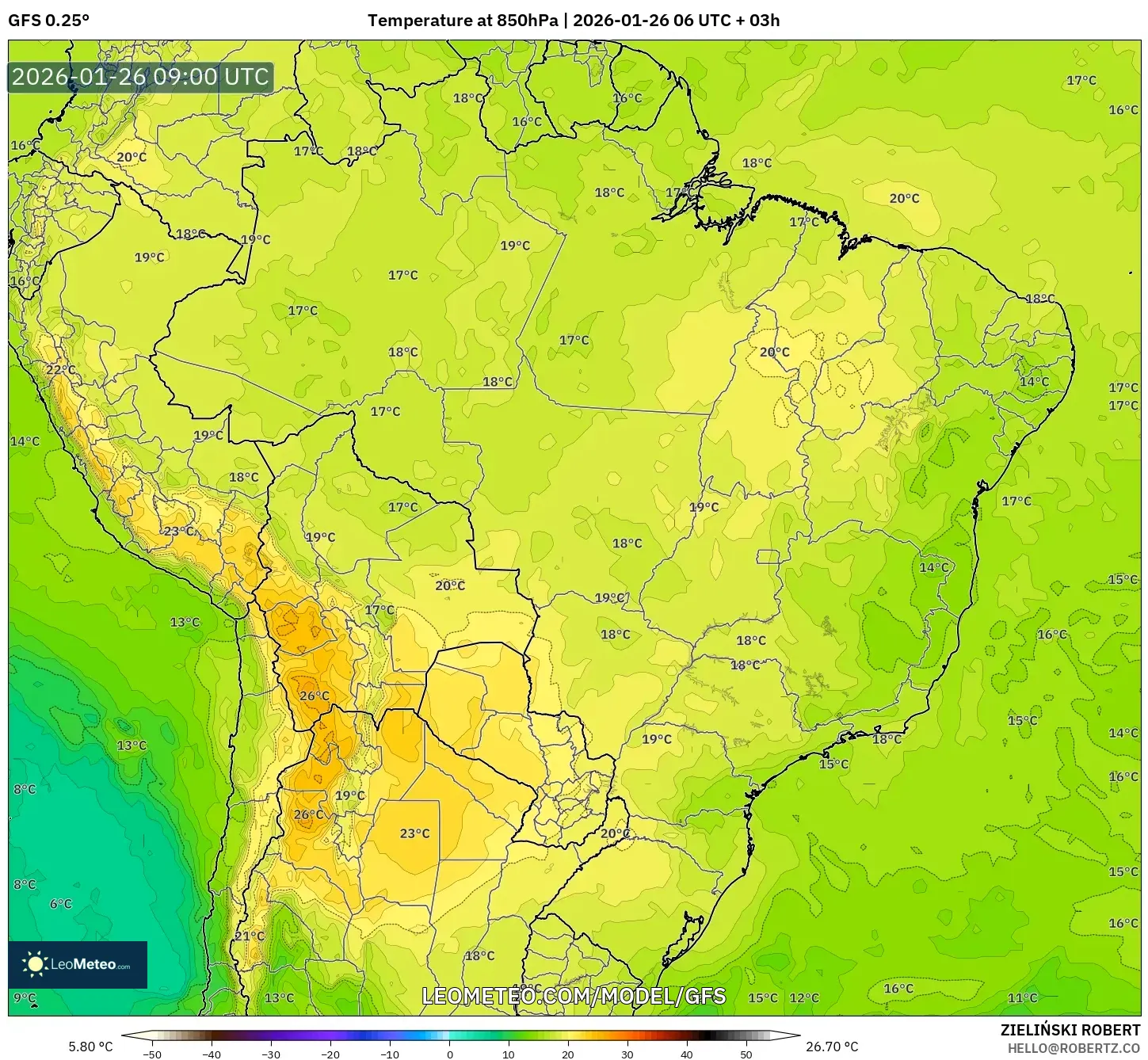 GFS model - Brezilya, 850 hPa Sıcaklık