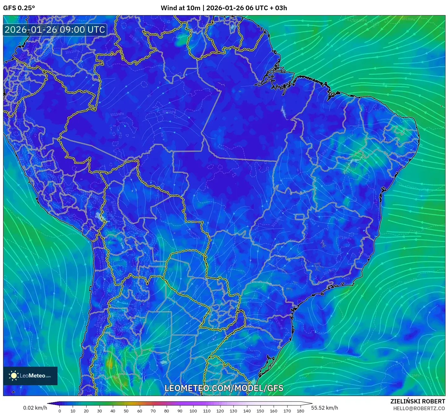 GFS model - Brezilya, 10 m Rüzgâr