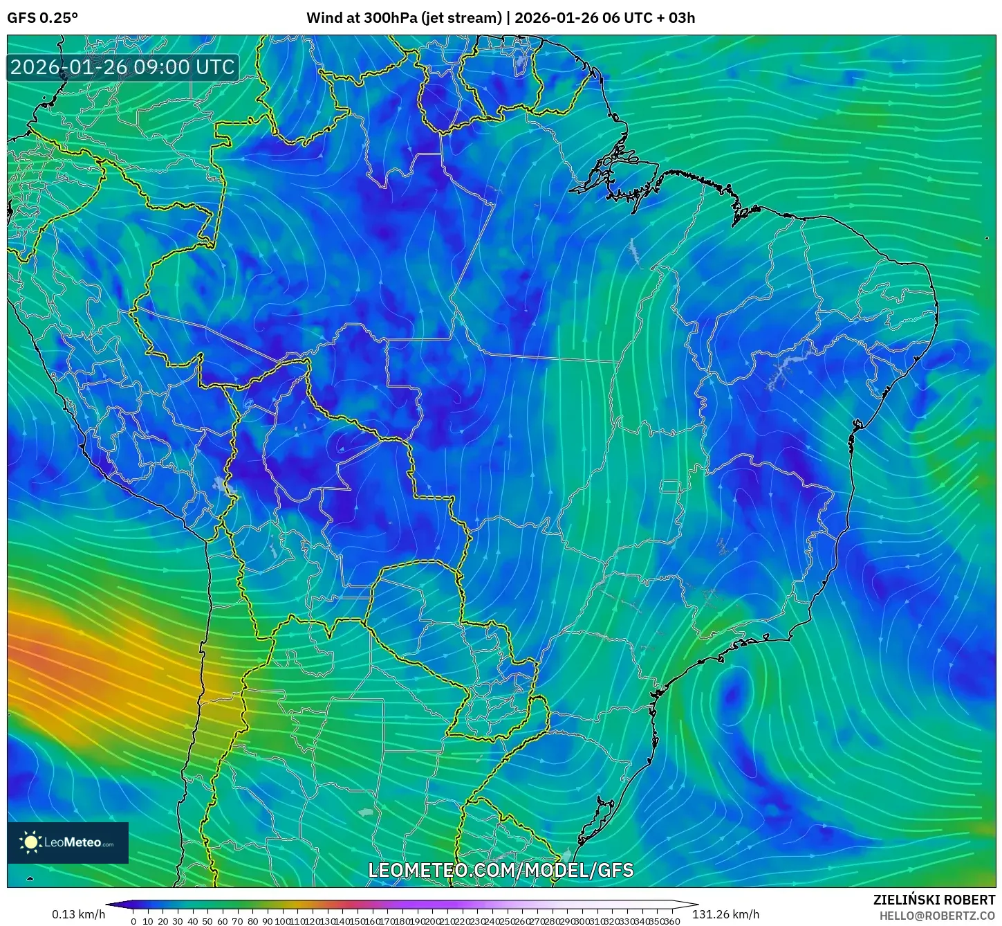 GFS model - Brezilya, 300 hPa Rüzgârı (jet)