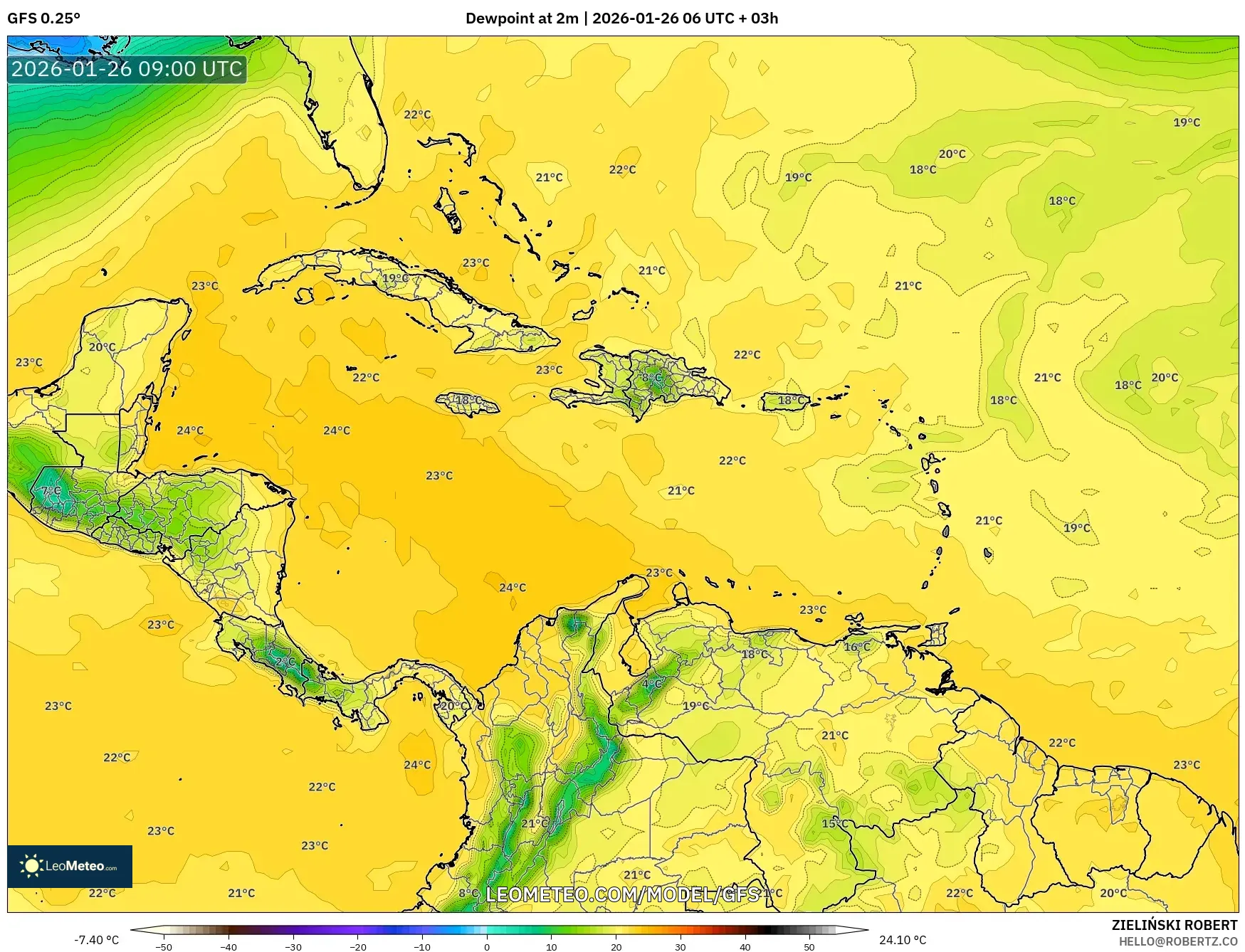 GFS model - Karayipler, 2 m Çiy Noktası