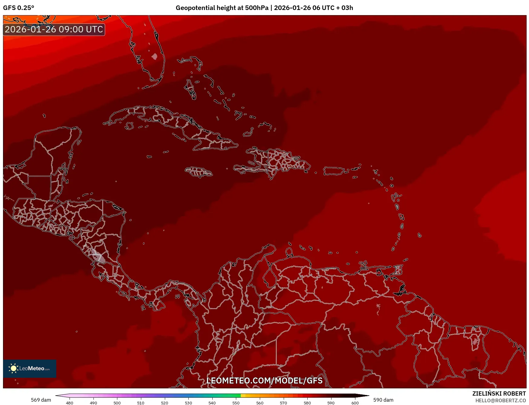 GFS model - Karayipler, 500 hPa’da jeopotansiyel yükseklik