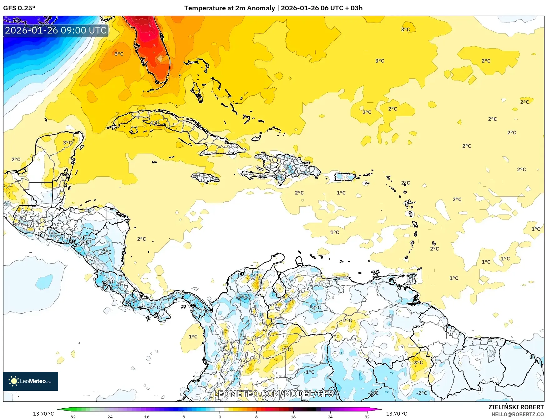 GFS model - Karayipler, 2 m Sıcaklık Anomalisi