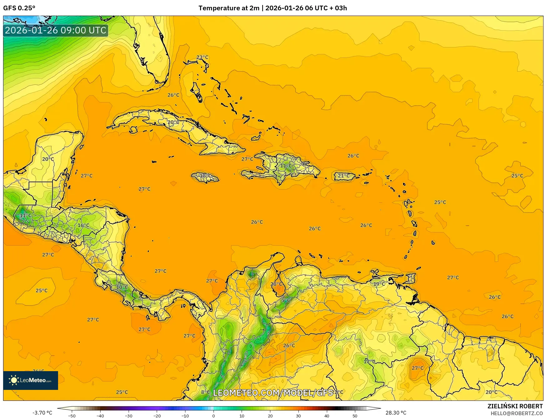 GFS model - Karayipler, 2 m Sıcaklık