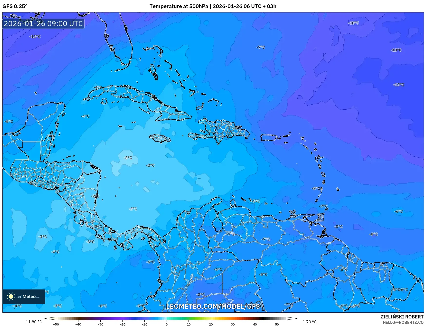 GFS model - Karayipler, 500 hPa Sıcaklık