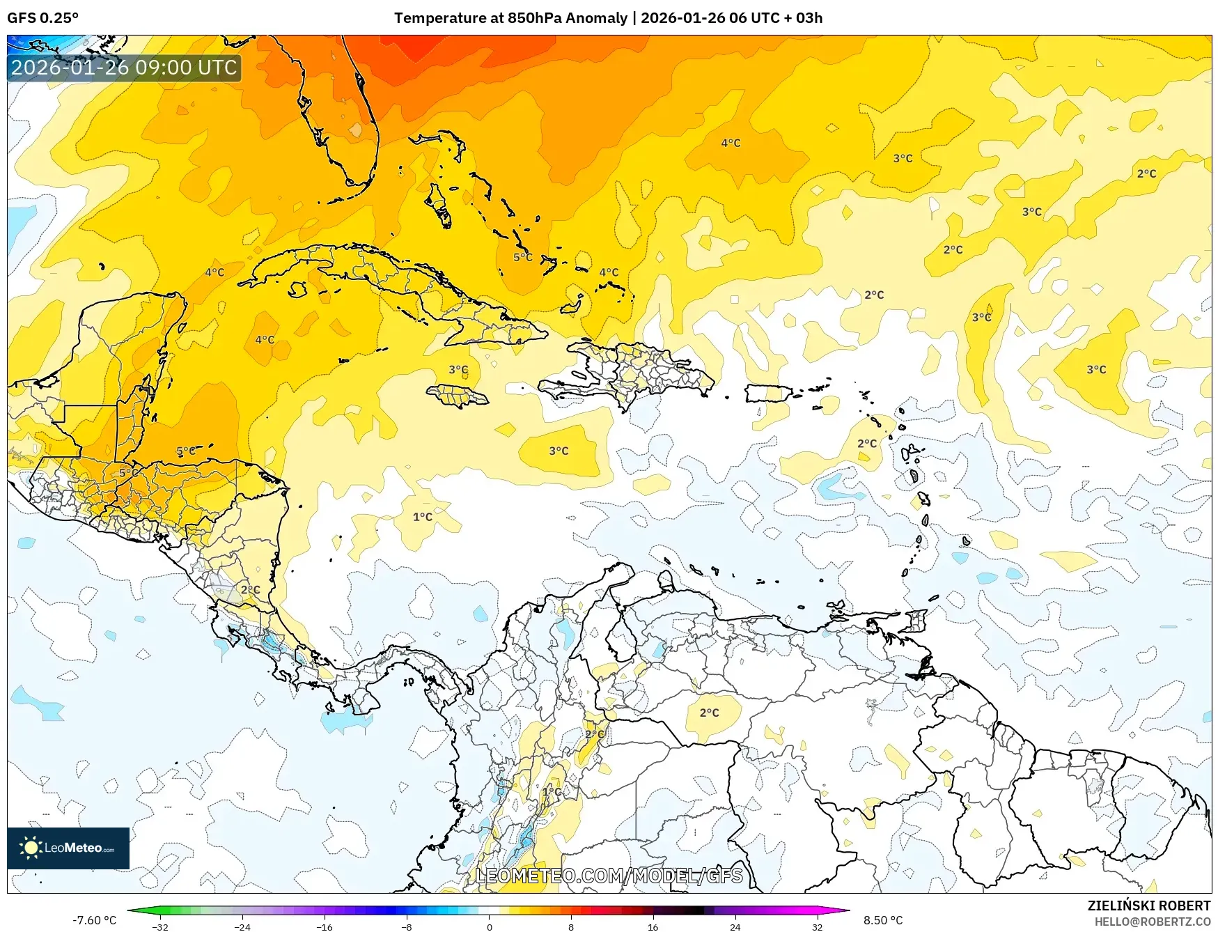 GFS model - Karayipler, 850 hPa Sıcaklık Anomalisi