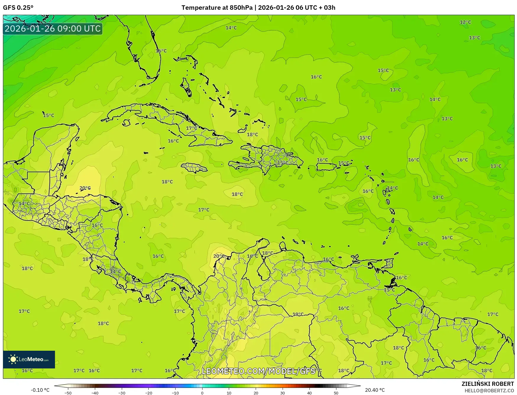 GFS model - Karayipler, 850 hPa Sıcaklık