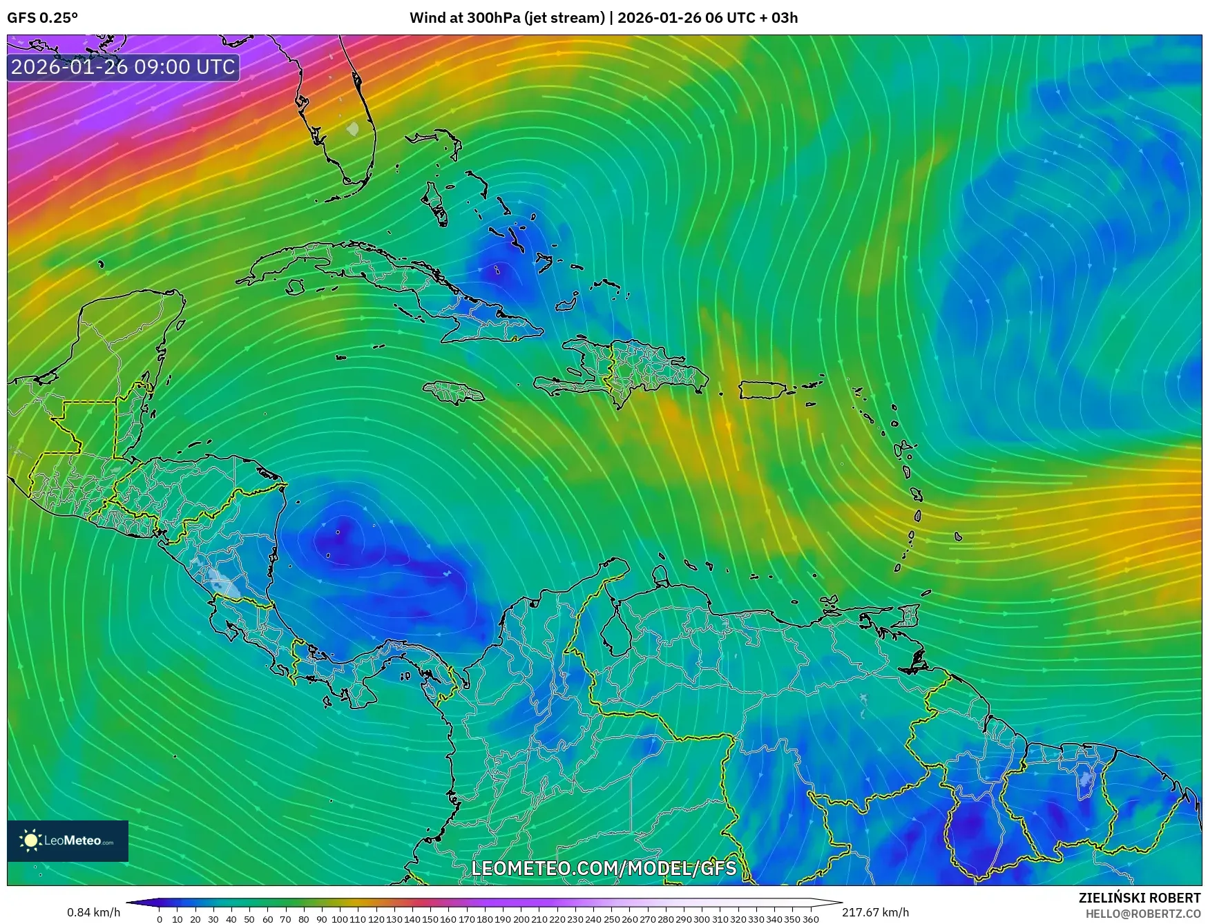 GFS model - Karayipler, 300 hPa Rüzgârı (jet)