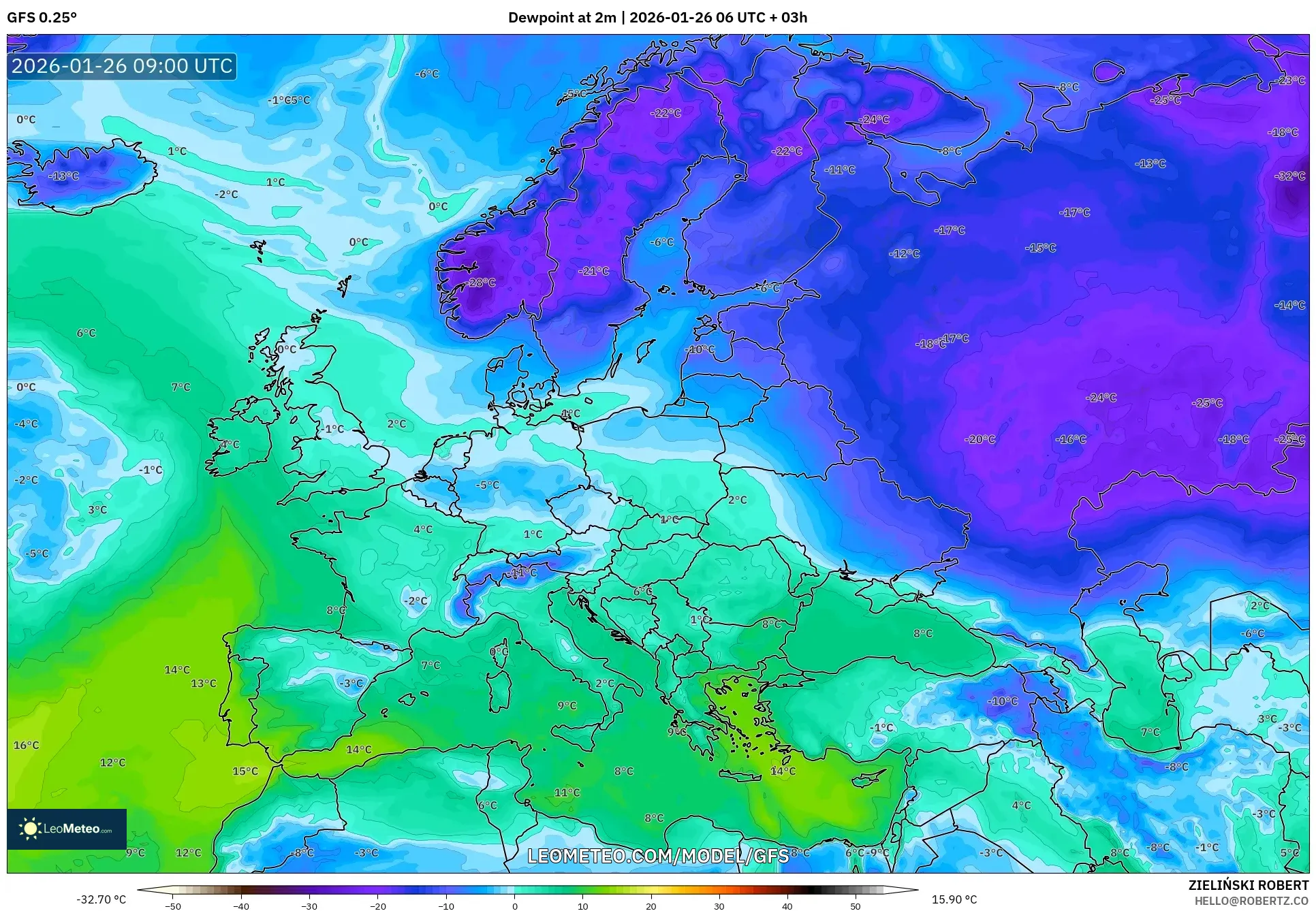 GFS model - Avrupa, 2 m Çiy Noktası