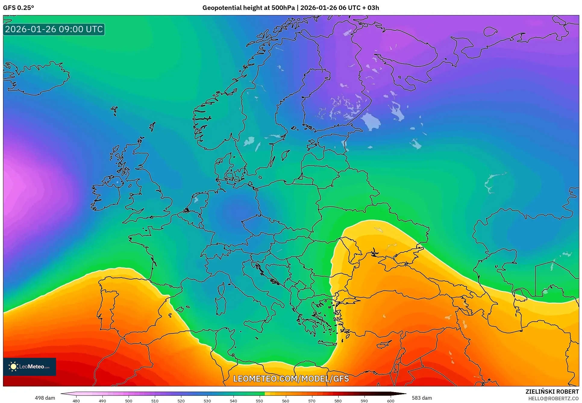 GFS model - Avrupa, 500 hPa’da jeopotansiyel yükseklik