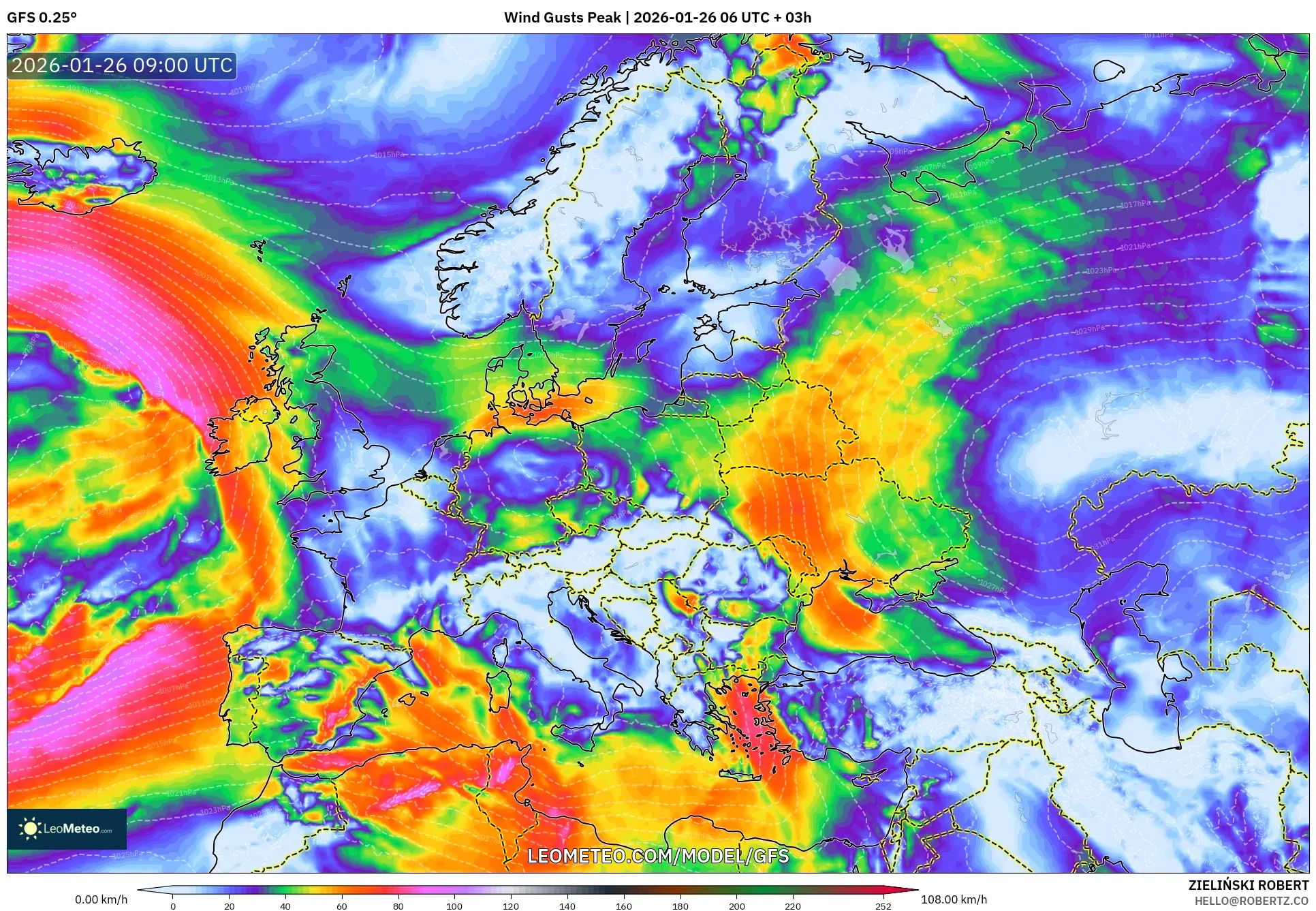 GFS model - Avrupa, En Yüksek Rüzgâr