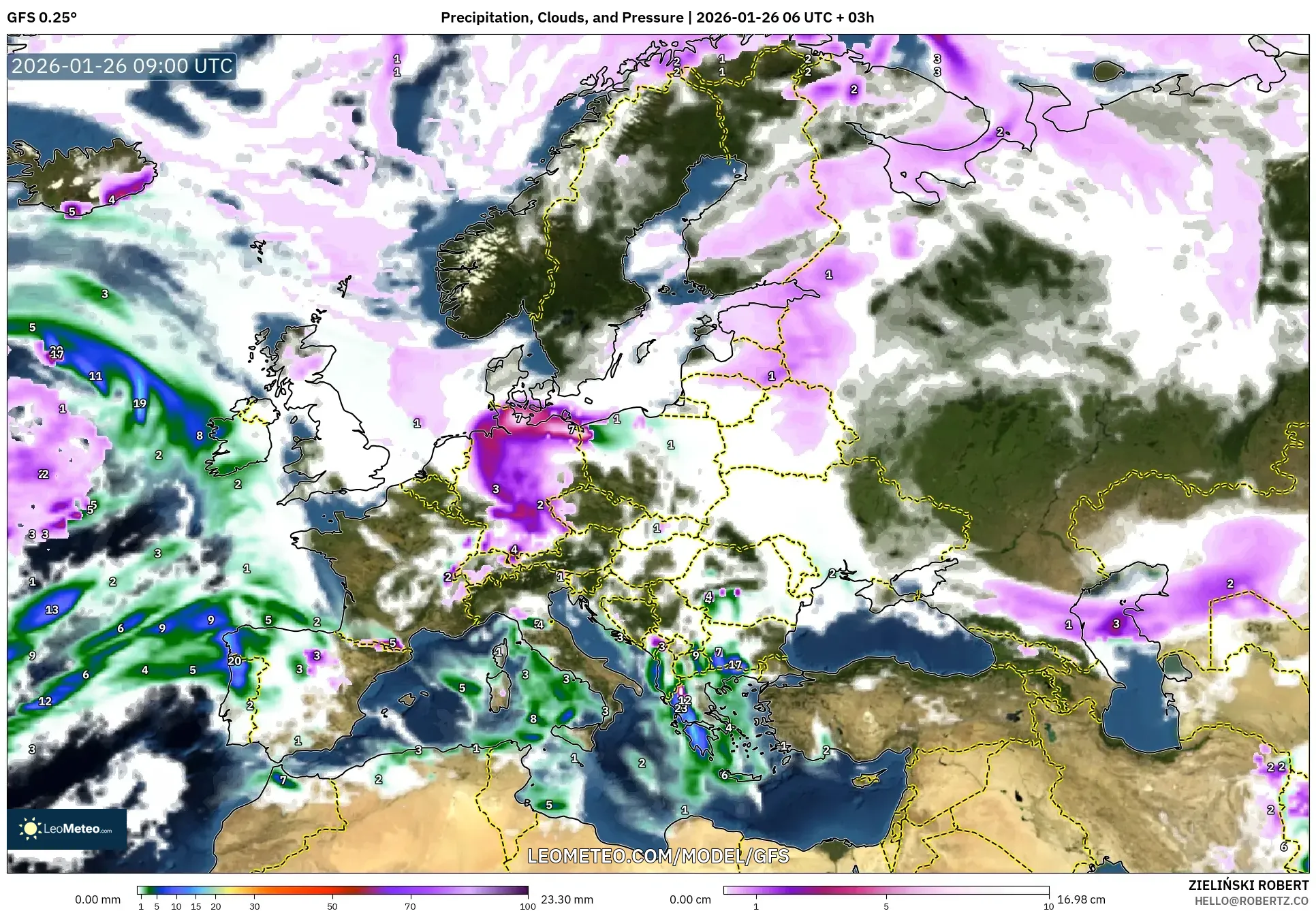 GFS model - Avrupa, Yağış, Bulut ve Basınç