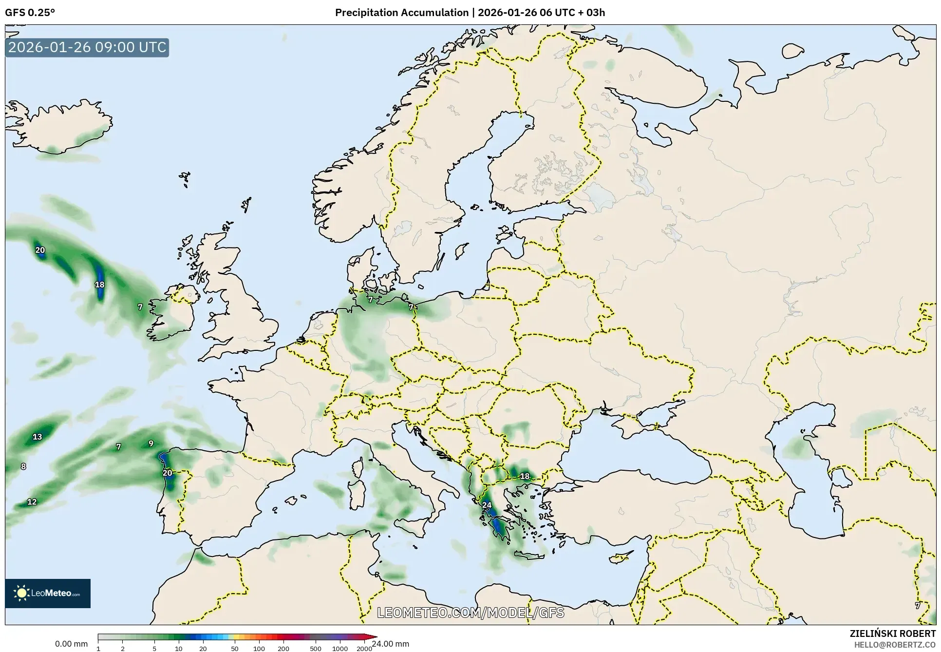 GFS model - Avrupa, Yağış Birikimi