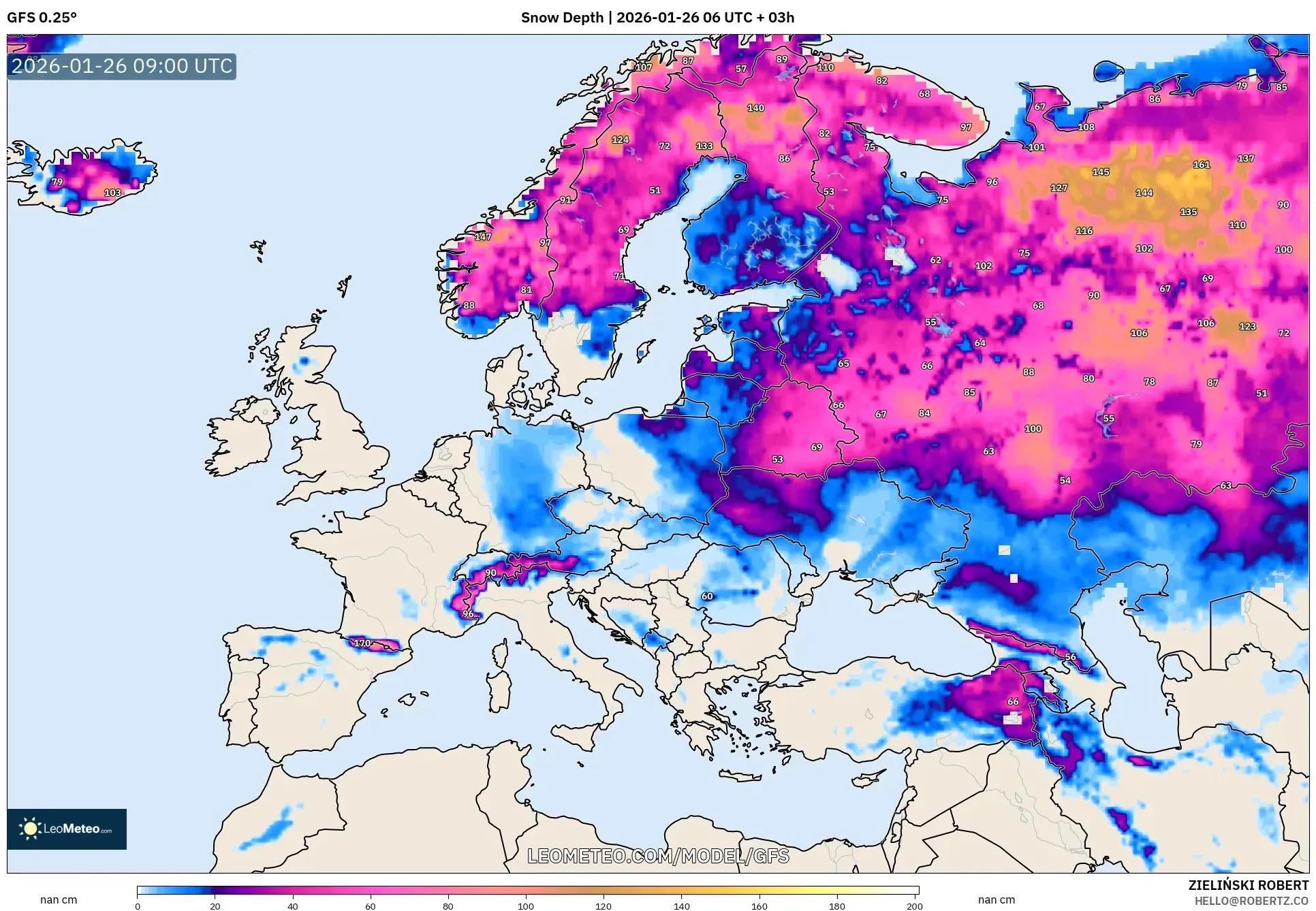 GFS model - Avrupa, Kar Kalınlığı