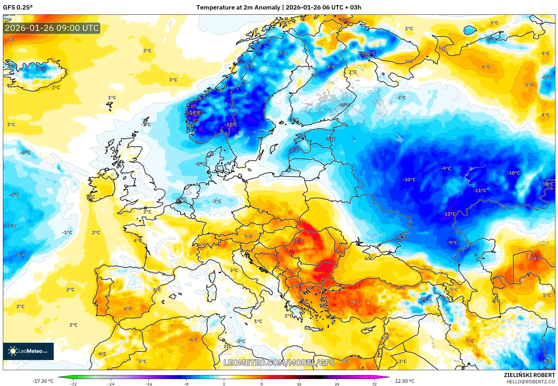 GFS model - Avrupa, 2 m Sıcaklık Anomalisi