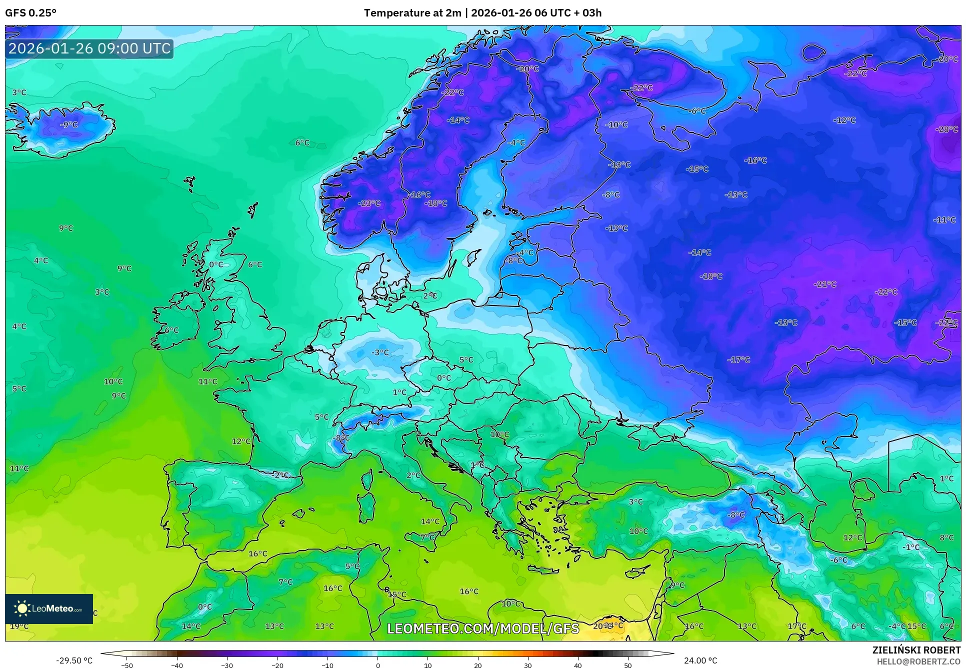 GFS model - Avrupa, 2 m Sıcaklık