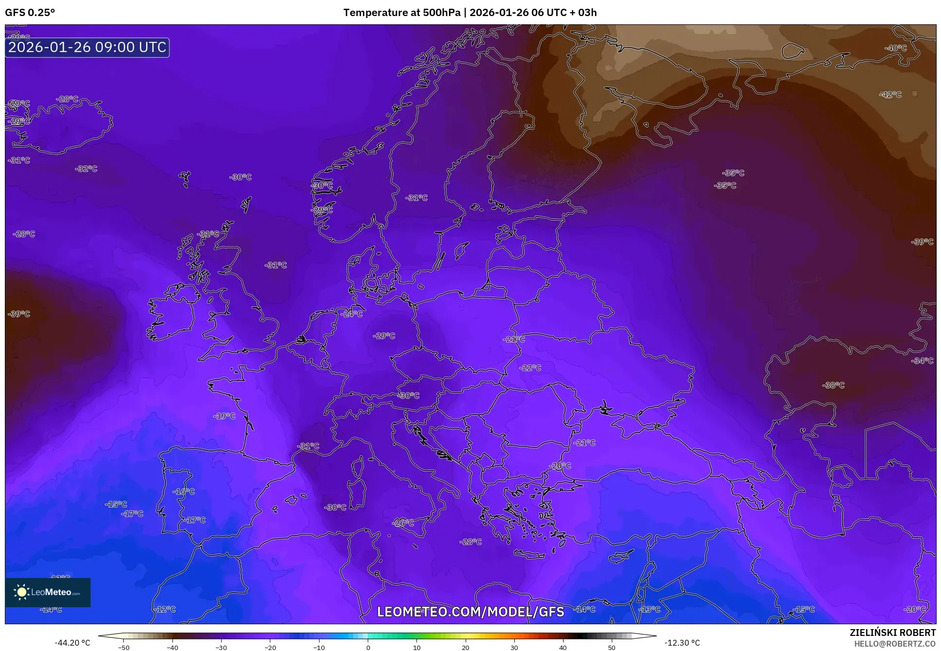 GFS model - Avrupa, 500 hPa Sıcaklık