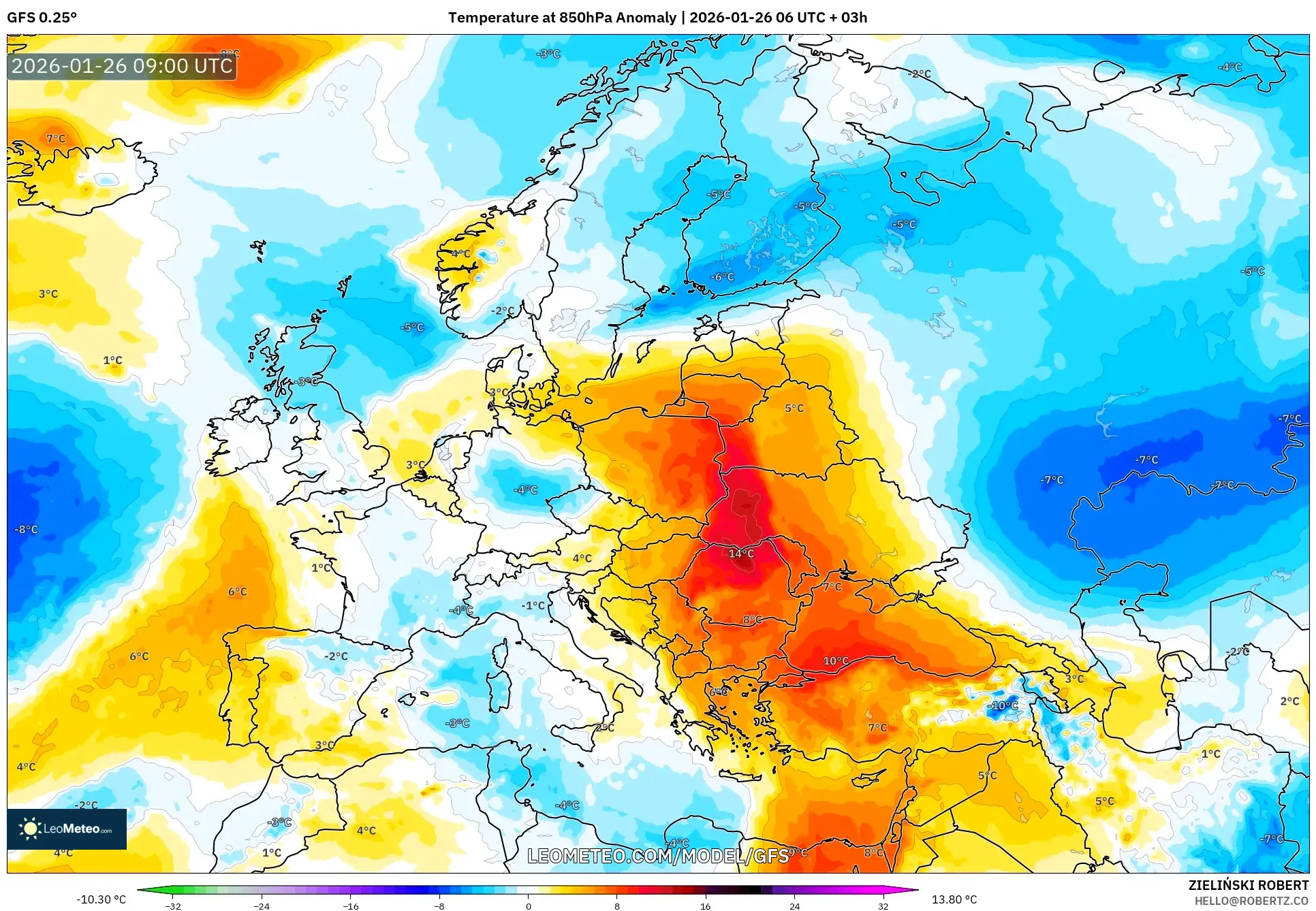 GFS model - Avrupa, 850 hPa Sıcaklık Anomalisi