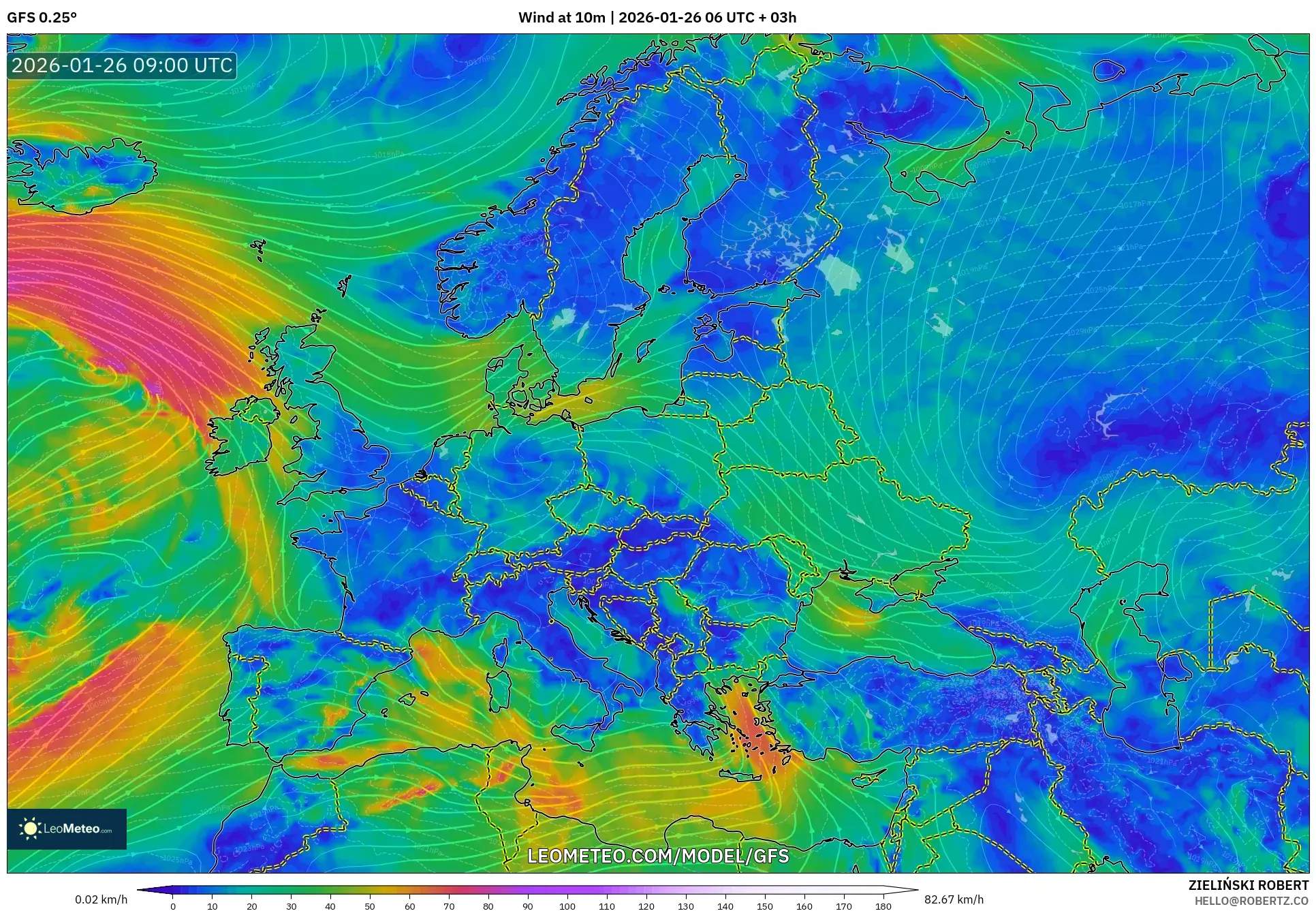 GFS model - Avrupa, 10 m Rüzgâr