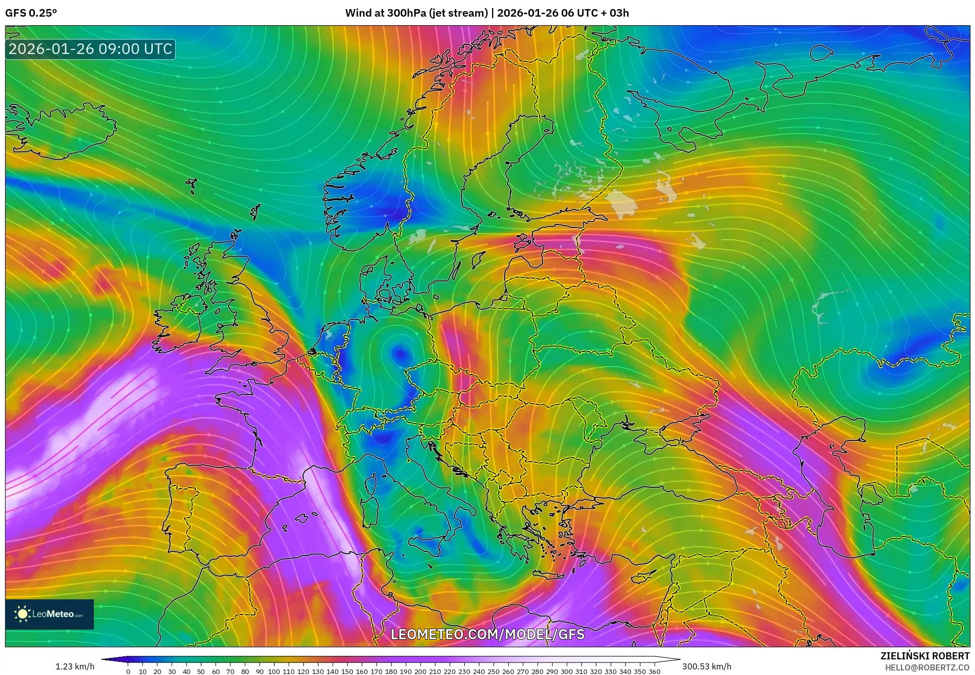 GFS model - Avrupa, 300 hPa Rüzgârı (jet)