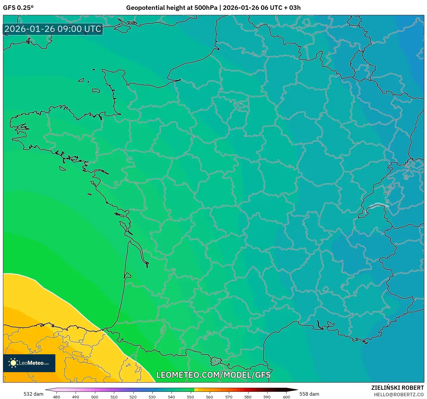 GFS model - Fransa, 500 hPa’da jeopotansiyel yükseklik