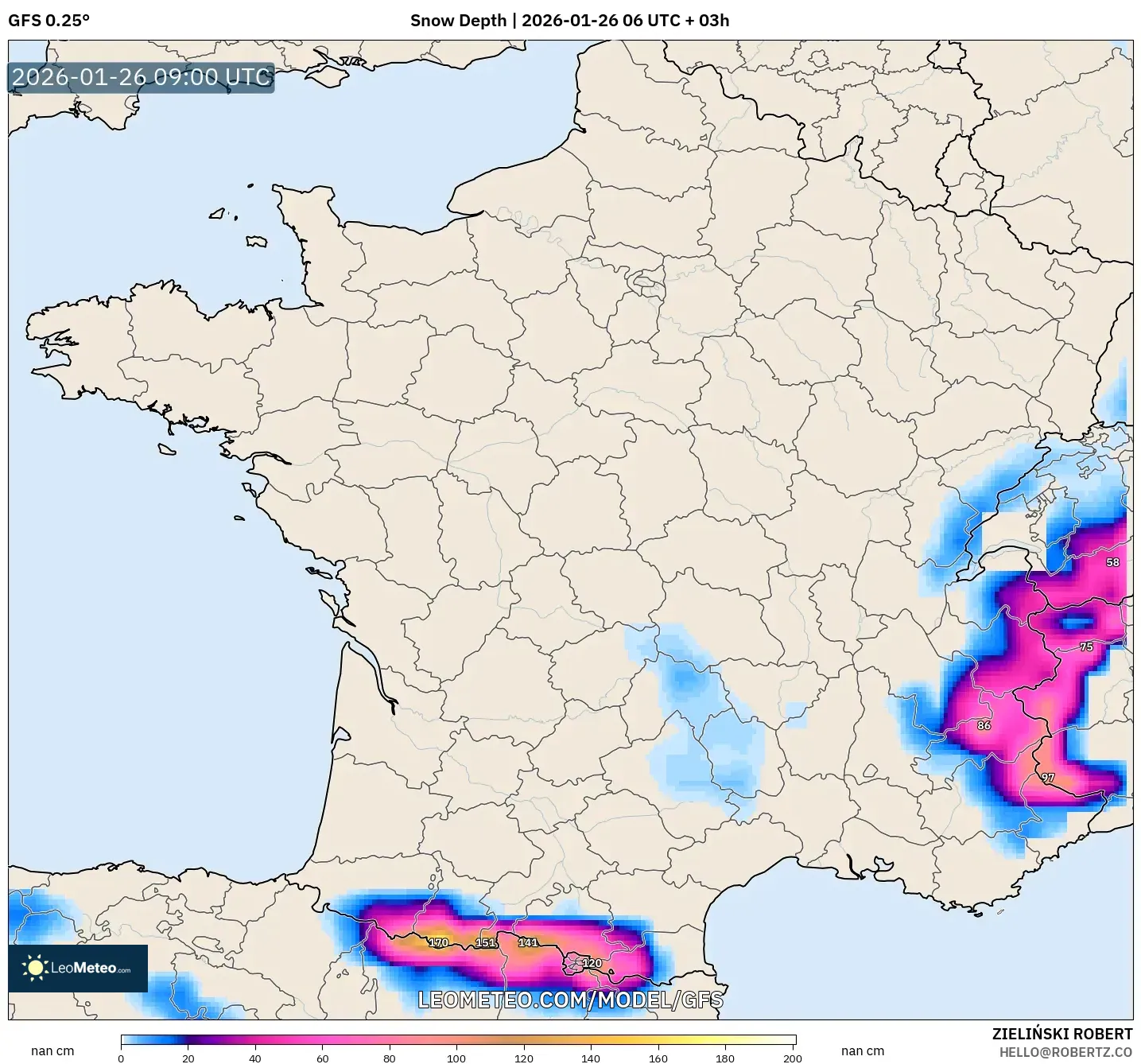 GFS model - Fransa, Kar Kalınlığı