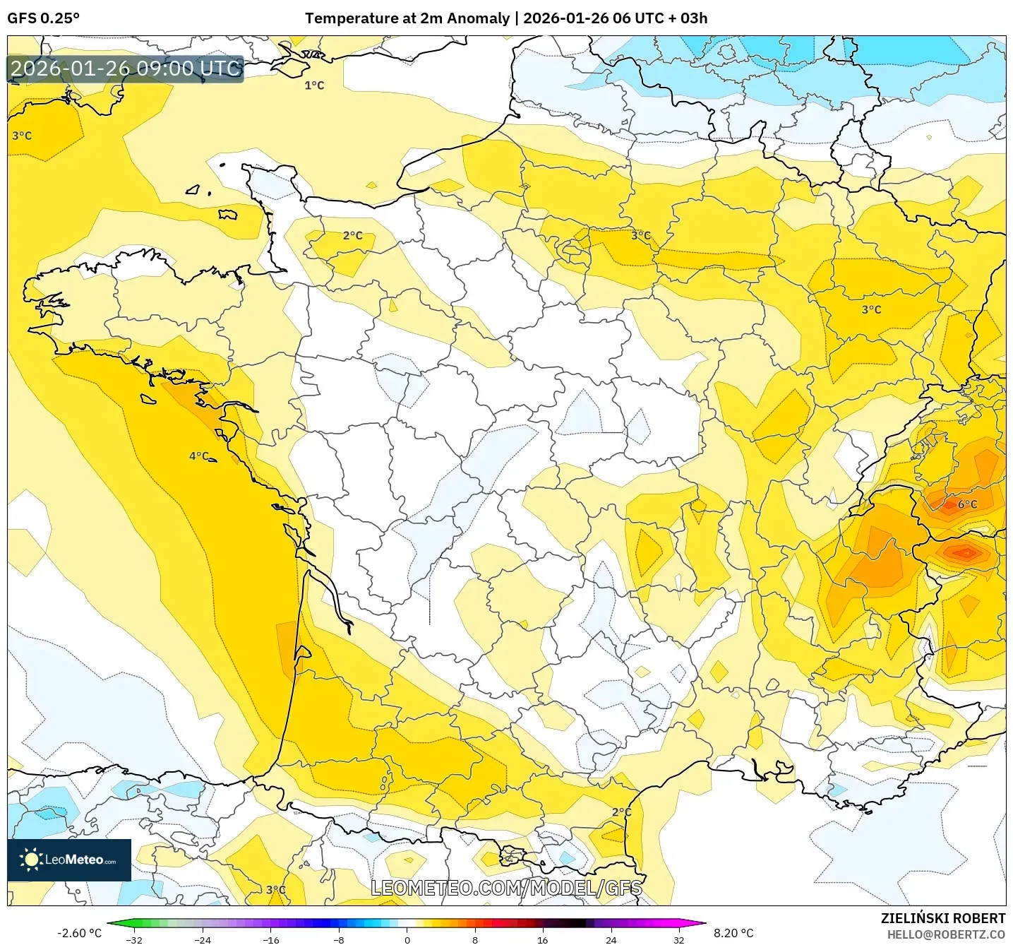 GFS model - Fransa, 2 m Sıcaklık Anomalisi