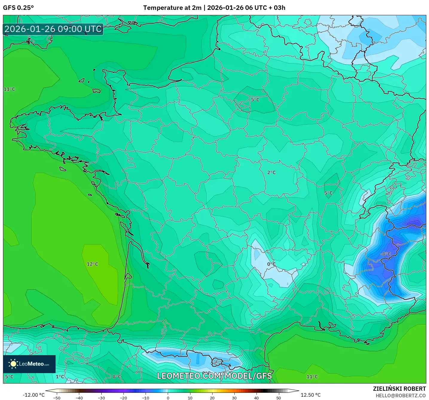 GFS model - Fransa, 2 m Sıcaklık