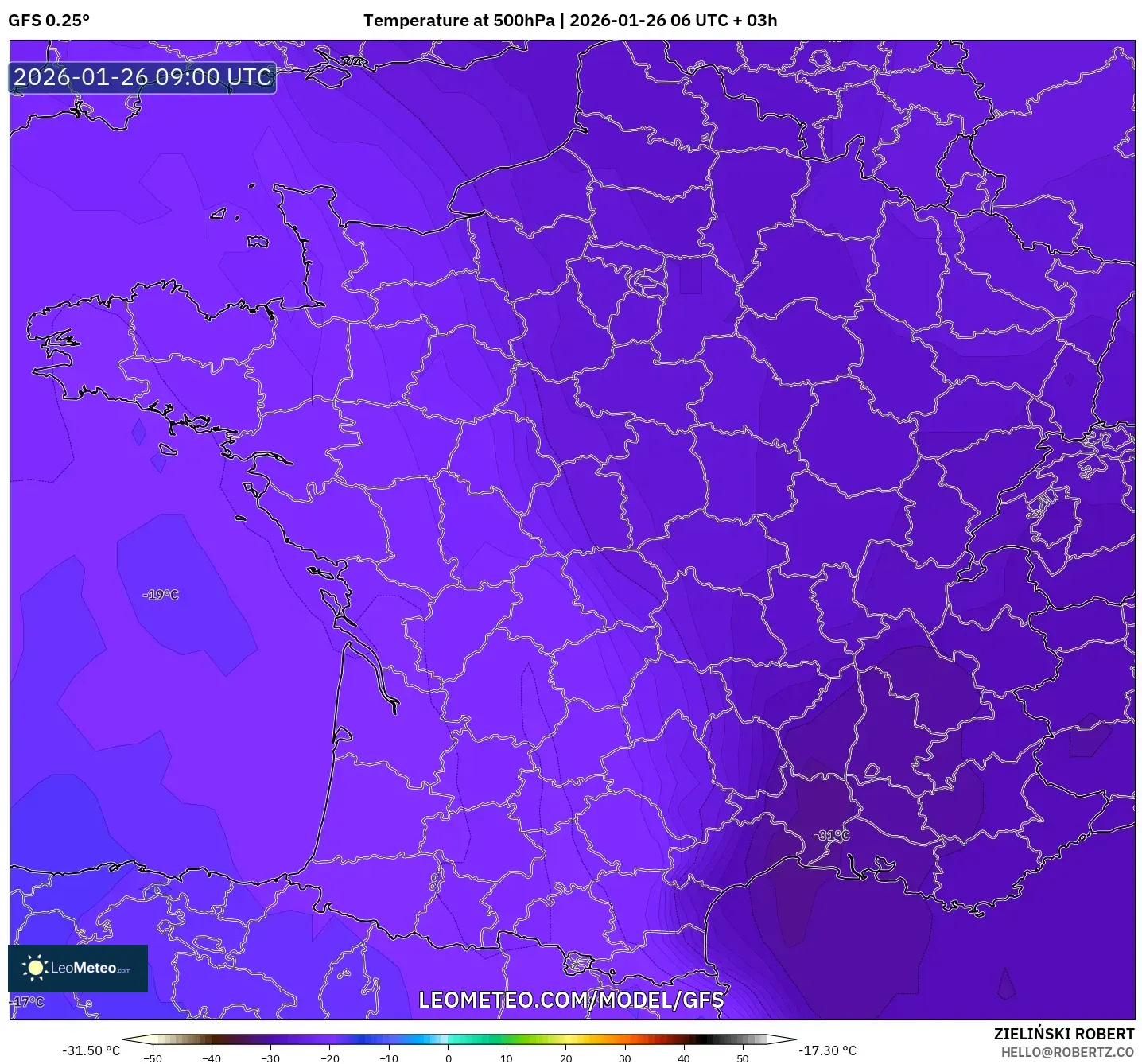 GFS model - Fransa, 500 hPa Sıcaklık