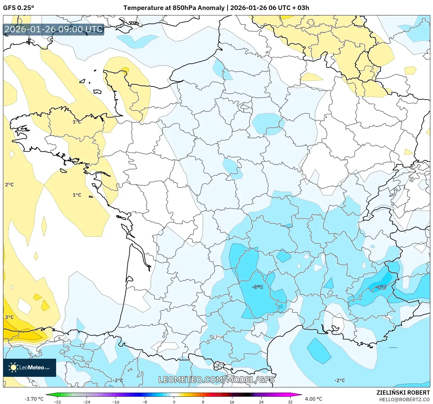 GFS model - Fransa, 850 hPa Sıcaklık Anomalisi